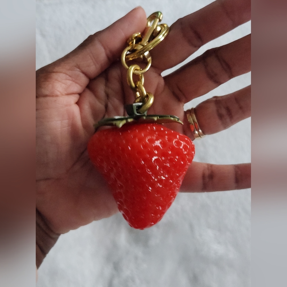 Red Strawberry Keychain with Gold Hardware Luxury Logo Bag Charm - Picture 5 of 8